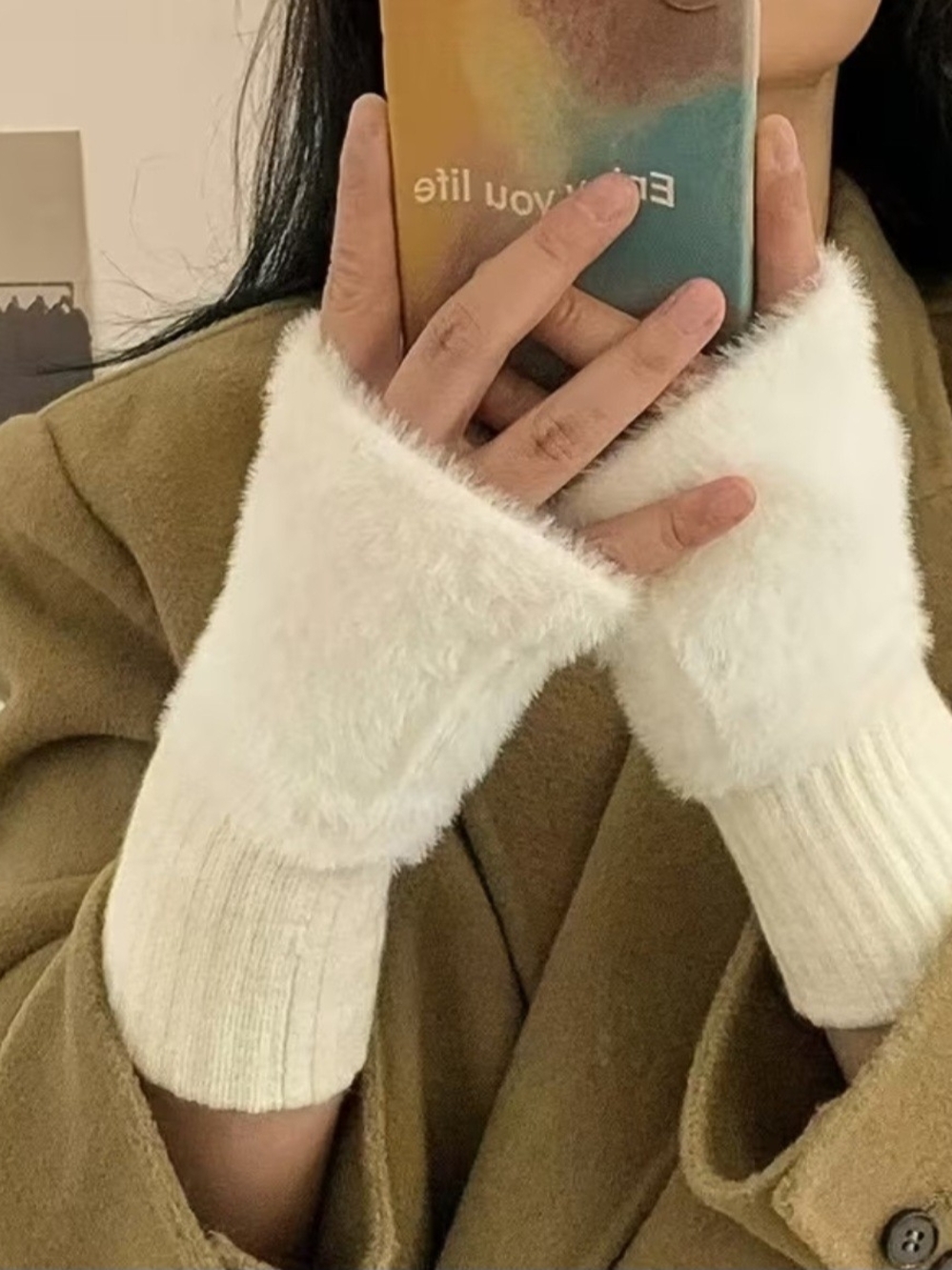 Cozy Faux Fur Knit Wrist Warmers - White
